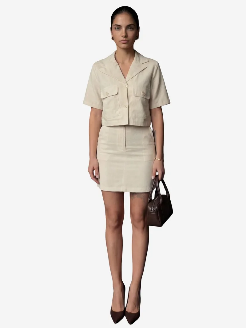MY FASHION Beige Natural MY FASHION Short Sleeve Crop Shirt & Mini Skirt Two-Piece Set for Women | Best Price UAE